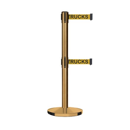 Retractable Dual Belt Barrier Stanchion, Cast Iron Base, Satin Brass Post, 11 ft Belt - Montour Line MI630D