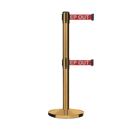 Retractable Dual Belt Barrier Stanchion, Cast Iron Base, Satin Brass Post, 11 ft Belt - Montour Line MI630D