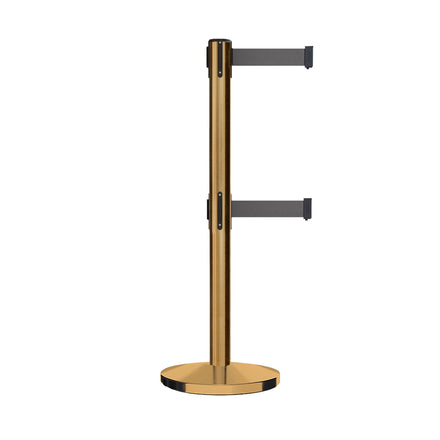 Retractable Dual Belt Barrier Stanchion, Cast Iron Base, Satin Brass Post, 11 ft Belt - Montour Line MI630D