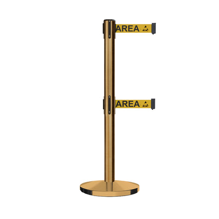 Retractable Dual Belt Barrier Stanchion, Cast Iron Base, Satin Brass Post, 11 ft Belt - Montour Line MI630D