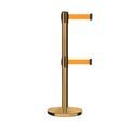 Retractable Dual Belt Barrier Stanchion, Cast Iron Base, Satin Brass Post, 11 ft Belt - Montour Line MI630D