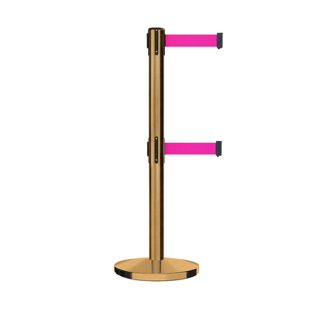 Retractable Dual Belt Barrier Stanchion, Cast Iron Base, Satin Brass Post, 11 ft Belt - Montour Line MI630D