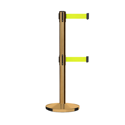 Retractable Dual Belt Barrier Stanchion, Cast Iron Base, Satin Brass Post, 7.5 ft Belt - Montour Line MI630D