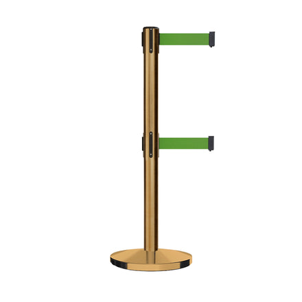 Retractable Dual Belt Barrier Stanchion, Cast Iron Base, Satin Brass Post, 11 ft Belt - Montour Line MI630D