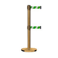 Retractable Dual Belt Barrier Stanchion, Cast Iron Base, Satin Brass Post, 11 ft Belt - Montour Line MI630D