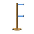 Retractable Dual Belt Barrier Stanchion, Cast Iron Base, Satin Brass Post, 11 ft Belt - Montour Line MI630D