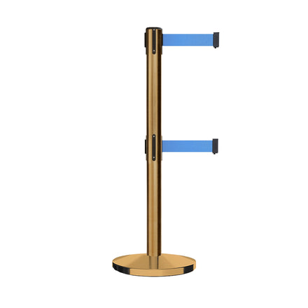 Retractable Dual Belt Barrier Stanchion, Cast Iron Base, Satin Brass Post, 11 ft Belt - Montour Line MI630D