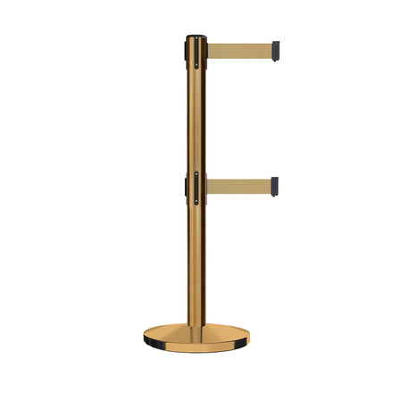 Retractable Dual Belt Barrier Stanchion, Cast Iron Base, Satin Brass Post, 11 ft Belt - Montour Line MI630D