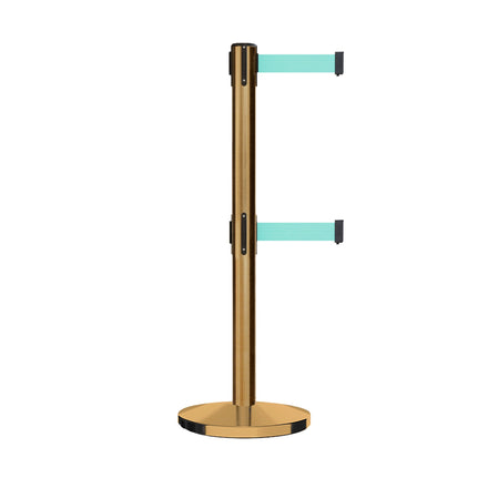 Retractable Dual Belt Barrier Stanchion, Cast Iron Base, Satin Brass Post, 7.5 ft Belt - Montour Line MI630D