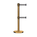 Retractable Dual Belt Barrier Stanchion, Cast Iron Base, Satin Brass Post, 11 ft Belt - Montour Line MI630D