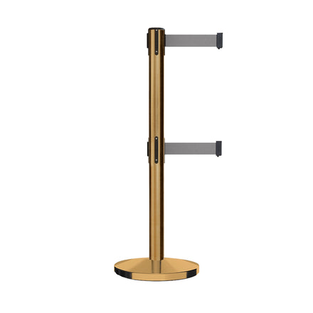 Retractable Dual Belt Barrier Stanchion, Cast Iron Base, Satin Brass Post, 11 ft Belt - Montour Line MI630D