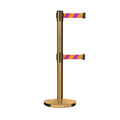 Retractable Dual Belt Barrier Stanchion, Cast Iron Base, Satin Brass Post, 11 ft Belt - Montour Line MI630D