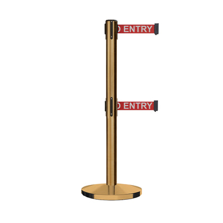 Retractable Dual Belt Barrier Stanchion, Cast Iron Base, Satin Brass Post, 11 ft Belt - Montour Line MI630D