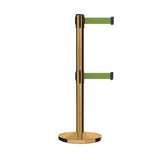 Retractable Dual Belt Barrier Stanchion, Cast Iron Base, Satin Brass Post, 11 ft Belt - Montour Line MI630D