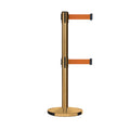 Retractable Dual Belt Barrier Stanchion, Cast Iron Base, Satin Brass Post, 11 ft Belt - Montour Line MI630D