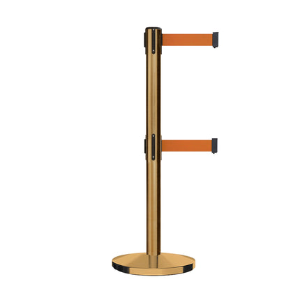 Retractable Dual Belt Barrier Stanchion, Cast Iron Base, Satin Brass Post, 11 ft Belt - Montour Line MI630D