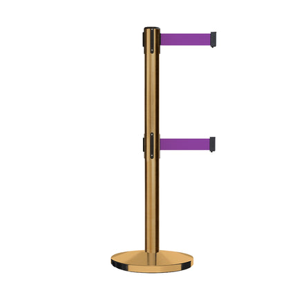 Retractable Dual Belt Barrier Stanchion, Cast Iron Base, Satin Brass Post, 11 ft Belt - Montour Line MI630D