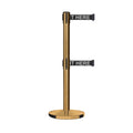 Retractable Dual Belt Barrier Stanchion, Cast Iron Base, Satin Brass Post, 11 ft Belt - Montour Line MI630D