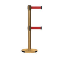 Retractable Dual Belt Barrier Stanchion, Cast Iron Base, Satin Brass Post, 11 ft Belt - Montour Line MI630D