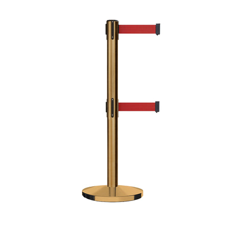 Retractable Dual Belt Barrier Stanchion, Cast Iron Base, Satin Brass Post, 11 ft Belt - Montour Line MI630D
