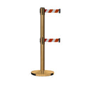 Retractable Dual Belt Barrier Stanchion, Cast Iron Base, Satin Brass Post, 11 ft Belt - Montour Line MI630D