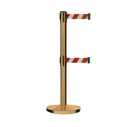 Retractable Dual Belt Barrier Stanchion, Cast Iron Base, Satin Brass Post, 11 ft Belt - Montour Line MI630D