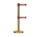 Retractable Dual Belt Barrier Stanchion, Cast Iron Base, Satin Brass Post, 11 ft Belt - Montour Line MI630D