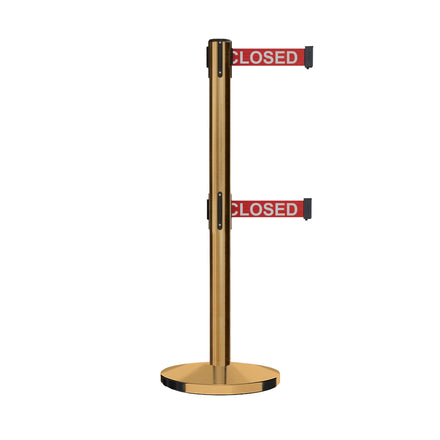 Retractable Dual Belt Barrier Stanchion, Cast Iron Base, Satin Brass Post, 11 ft Belt - Montour Line MI630D