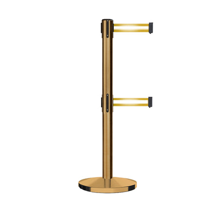 Retractable Dual Belt Barrier Stanchion, Cast Iron Base, Satin Brass Post, 7.5 ft Belt - Montour Line MI630D