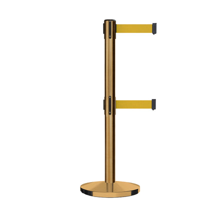 Retractable Dual Belt Barrier Stanchion, Cast Iron Base, Satin Brass Post, 7.5 ft Belt - Montour Line MI630D