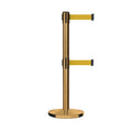 Retractable Dual Belt Barrier Stanchion, Cast Iron Base, Satin Brass Post, 11 ft Belt - Montour Line MI630D