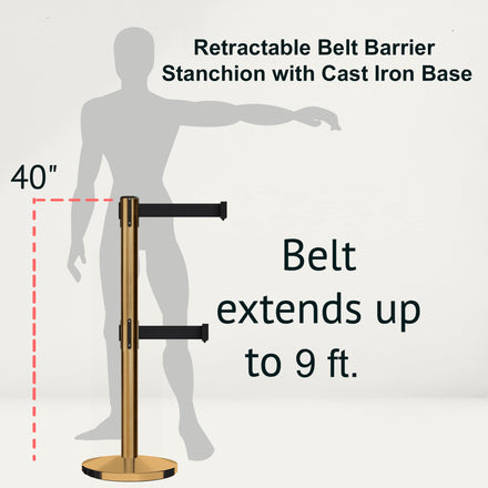 Retractable Dual Belt Barrier Stanchion, Cast Iron Base, Satin Brass Post, 9 ft Belt - Montour Line MI630D