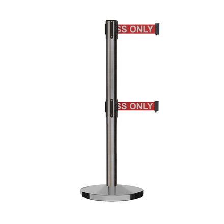 Retractable Dual Belt Barrier Stanchion, Cast Iron Base, Satin Stainless Steel Post, 11 ft Belt - Montour Line MI630D