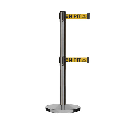 Retractable Dual Belt Barrier Stanchion, Cast Iron Base, Satin Stainless Steel Post, 9 ft Belt - Montour Line MI630D