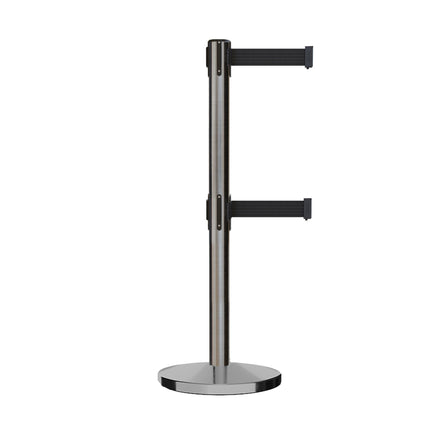 Retractable Dual Belt Barrier Stanchion, Cast Iron Base, Satin Stainless Steel Post, 7.5 ft Belt - Montour Line MI630D