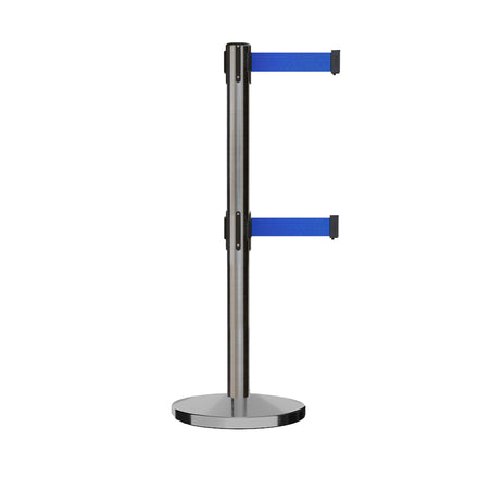 Retractable Dual Belt Barrier Stanchion, Cast Iron Base, Satin Stainless Steel Post, 7.5 ft Belt - Montour Line MI630D