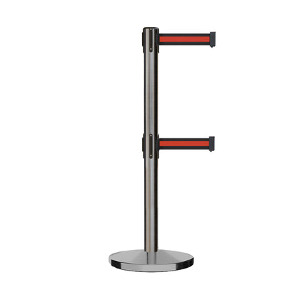 Retractable Dual Belt Barrier Stanchion, Cast Iron Base, Satin Stainless Steel Post, 11 ft Belt - Montour Line MI630D