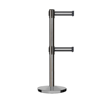 Retractable Dual Belt Barrier Stanchion, Cast Iron Base, Satin Stainless Steel Post, 9 ft Belt - Montour Line MI630D