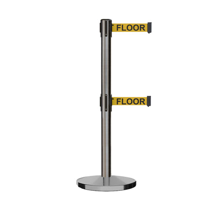 Retractable Dual Belt Barrier Stanchion, Cast Iron Base, Satin Stainless Steel Post, 11 ft Belt - Montour Line MI630D