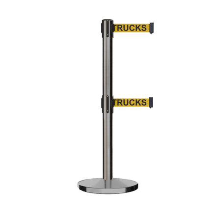 Retractable Dual Belt Barrier Stanchion, Cast Iron Base, Satin Stainless Steel Post, 11 ft Belt - Montour Line MI630D