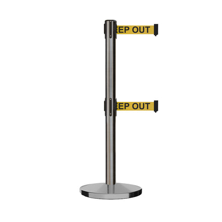 Retractable Dual Belt Barrier Stanchion, Cast Iron Base, Satin Stainless Steel Post, 11 ft Belt - Montour Line MI630D