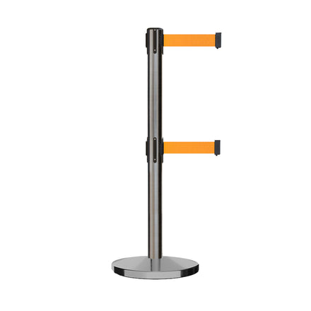 Retractable Dual Belt Barrier Stanchion, Cast Iron Base, Satin Stainless Steel Post, 7.5 ft Belt - Montour Line MI630D