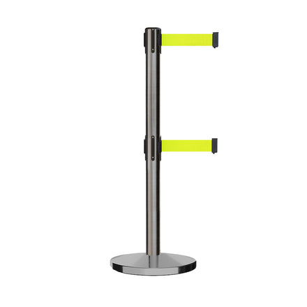 Retractable Dual Belt Barrier Stanchion, Cast Iron Base, Satin Stainless Steel Post, 7.5 ft Belt - Montour Line MI630D