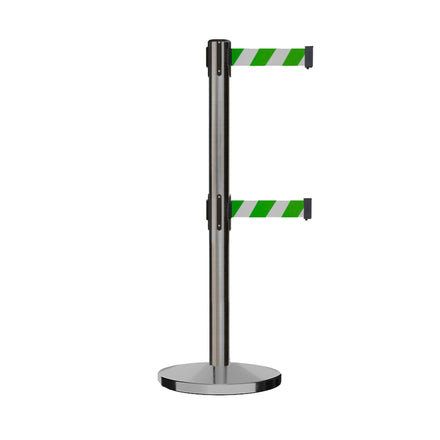 Retractable Dual Belt Barrier Stanchion, Cast Iron Base, Satin Stainless Steel Post, 7.5 ft Belt - Montour Line MI630D