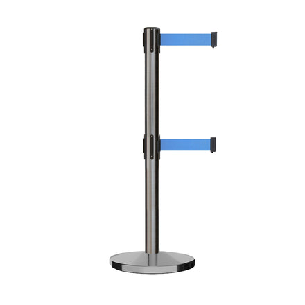 Retractable Dual Belt Barrier Stanchion, Cast Iron Base, Satin Stainless Steel Post, 7.5 ft Belt - Montour Line MI630D