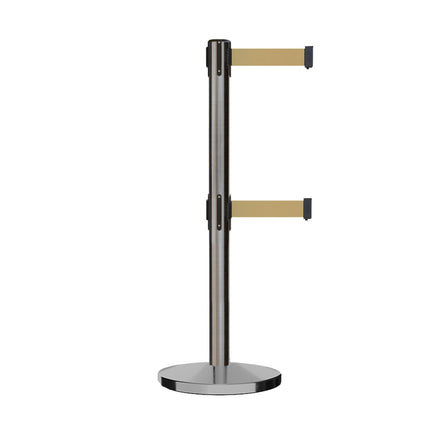 Retractable Dual Belt Barrier Stanchion, Cast Iron Base, Satin Stainless Steel Post, 11 ft Belt - Montour Line MI630D