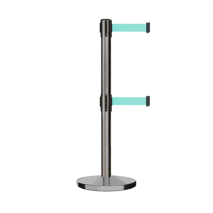 Retractable Dual Belt Barrier Stanchion, Cast Iron Base, Satin Stainless Steel Post, 11 ft Belt - Montour Line MI630D