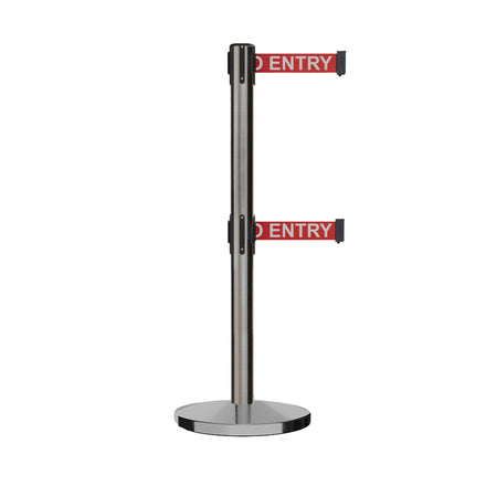 Retractable Dual Belt Barrier Stanchion, Cast Iron Base, Satin Stainless Steel Post, 11 ft Belt - Montour Line MI630D