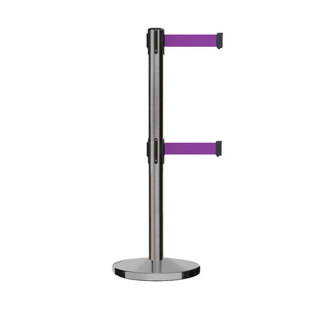 Retractable Dual Belt Barrier Stanchion, Cast Iron Base, Satin Stainless Steel Post, 7.5 ft Belt - Montour Line MI630D