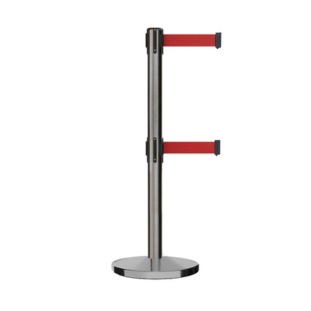 Retractable Dual Belt Barrier Stanchion, Cast Iron Base, Satin Stainless Steel Post, 7.5 ft Belt - Montour Line MI630D